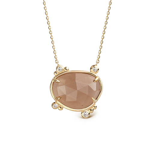 14K Gold Irregular Moonstone Necklace with 4 Diamonds