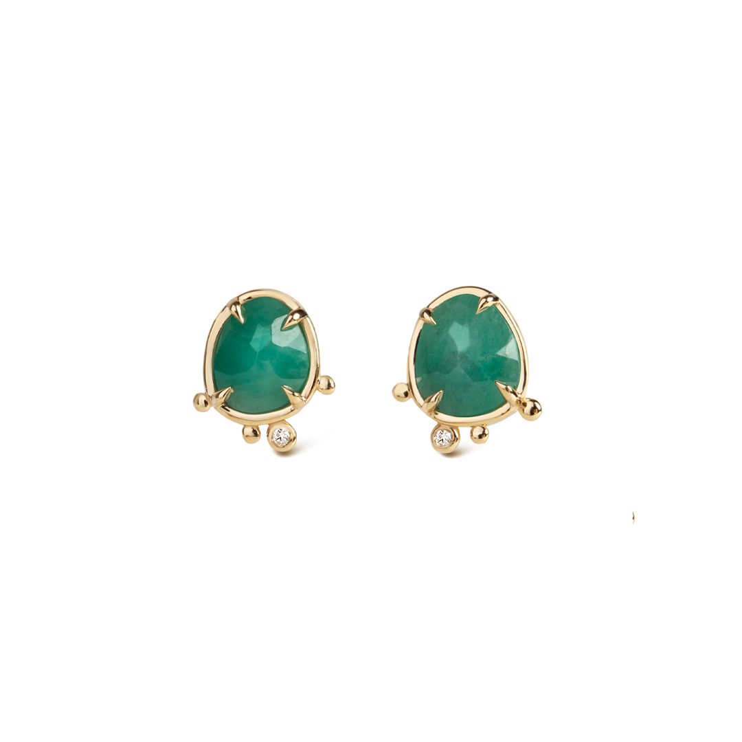Verdant Pulse - 14K Gold Emerald Stud Earrings with Diamond