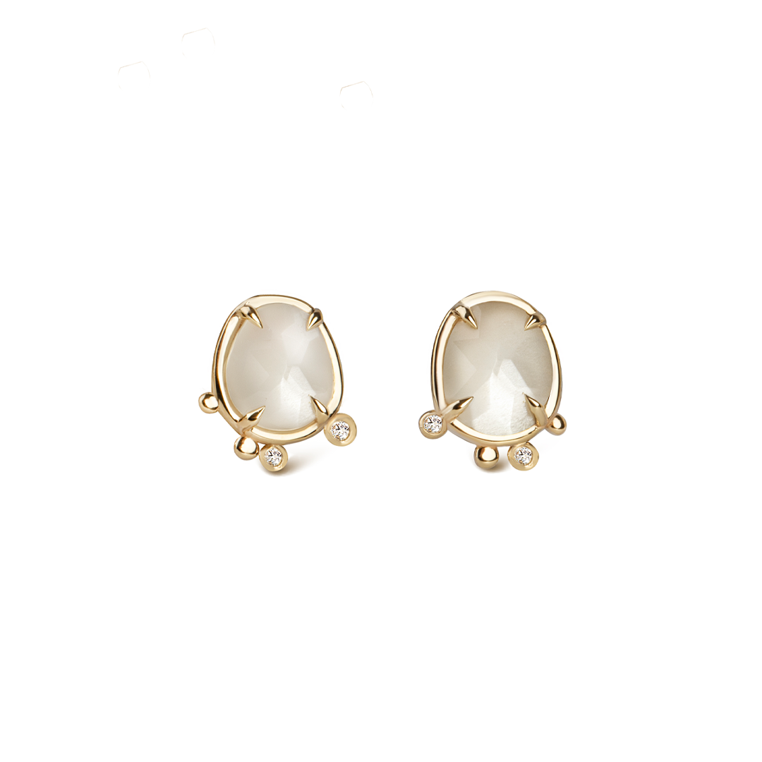 Silent Light - 14K Gold Moonstone Stud Earrings with 2 Diamonds