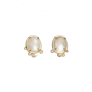 Silent Light - 14K Gold Moonstone Stud Earrings with 2 Diamonds