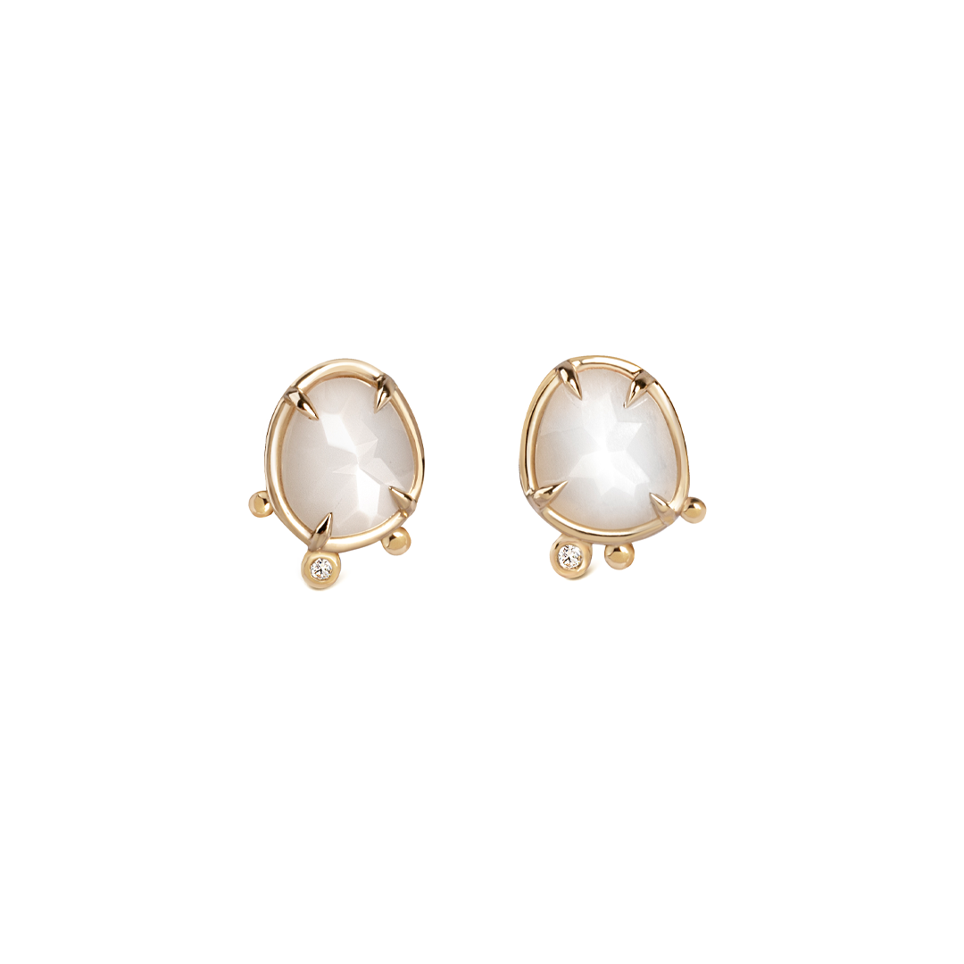 Soft Horizon - 14K Gold Moonstone Stud Earrings with Diamond