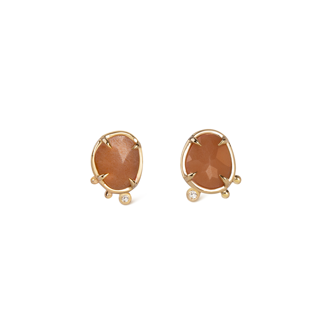 Sunset Echo - 14K Gold Orange Moonstone Stud Earrings with a Diamond