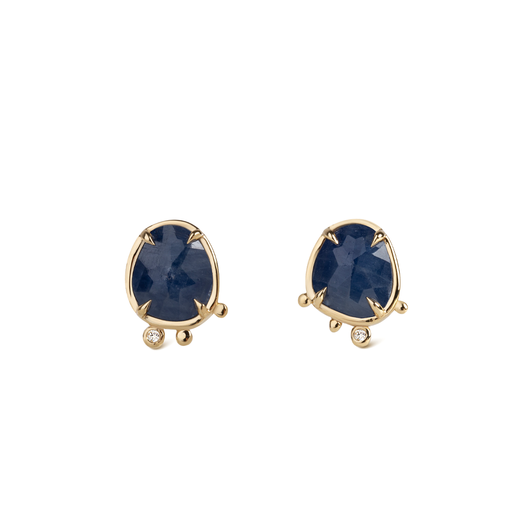 Midnight Stillness - 14K Gold Sapphire Stud Earrings with Diamond