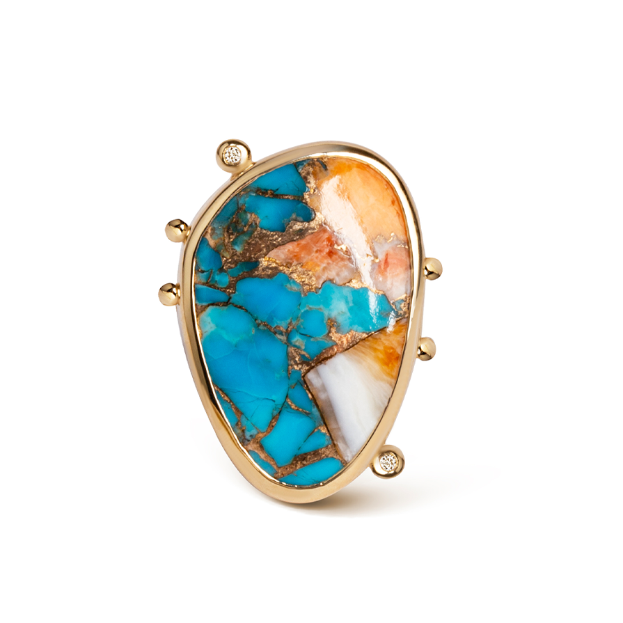 14K Gold Copper Mosaic Turquoise Ring with 2 Diamonds