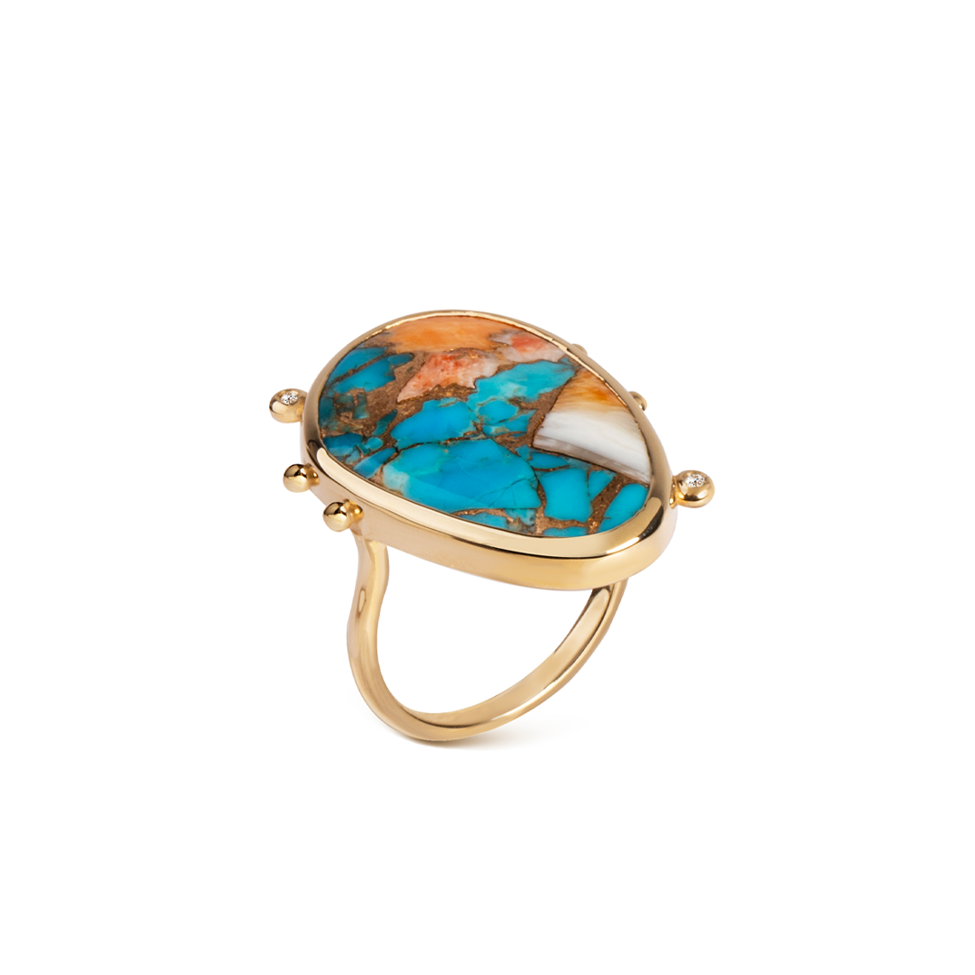 14K Gold Copper Mosaic Turquoise Ring with 2 Diamonds