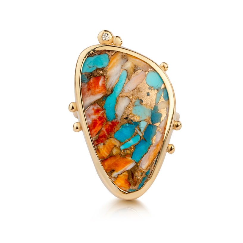 14K Gold Copper Mosaic Turquoise Ring with Diamond