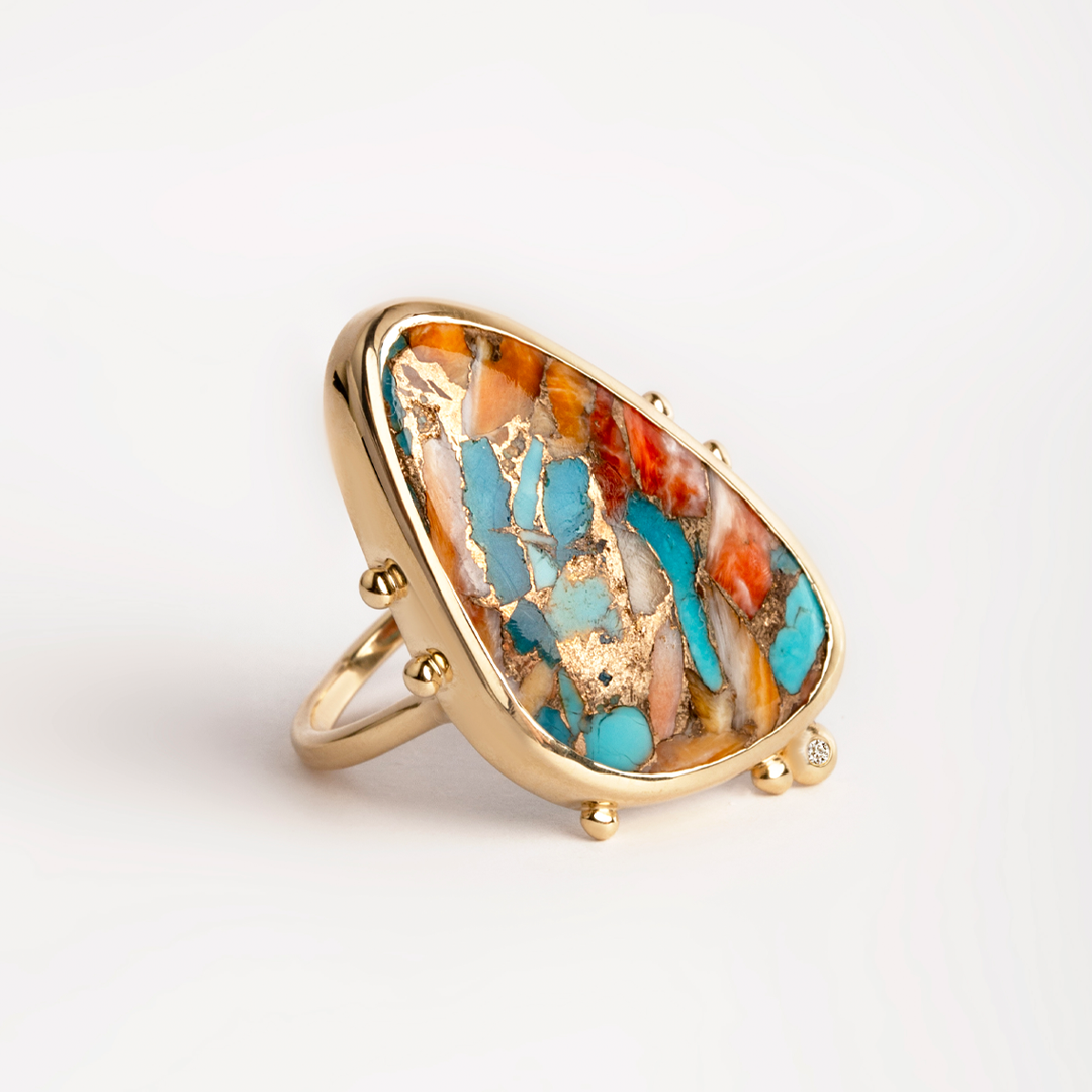 14K Gold Copper Mosaic Turquoise Ring with Diamond