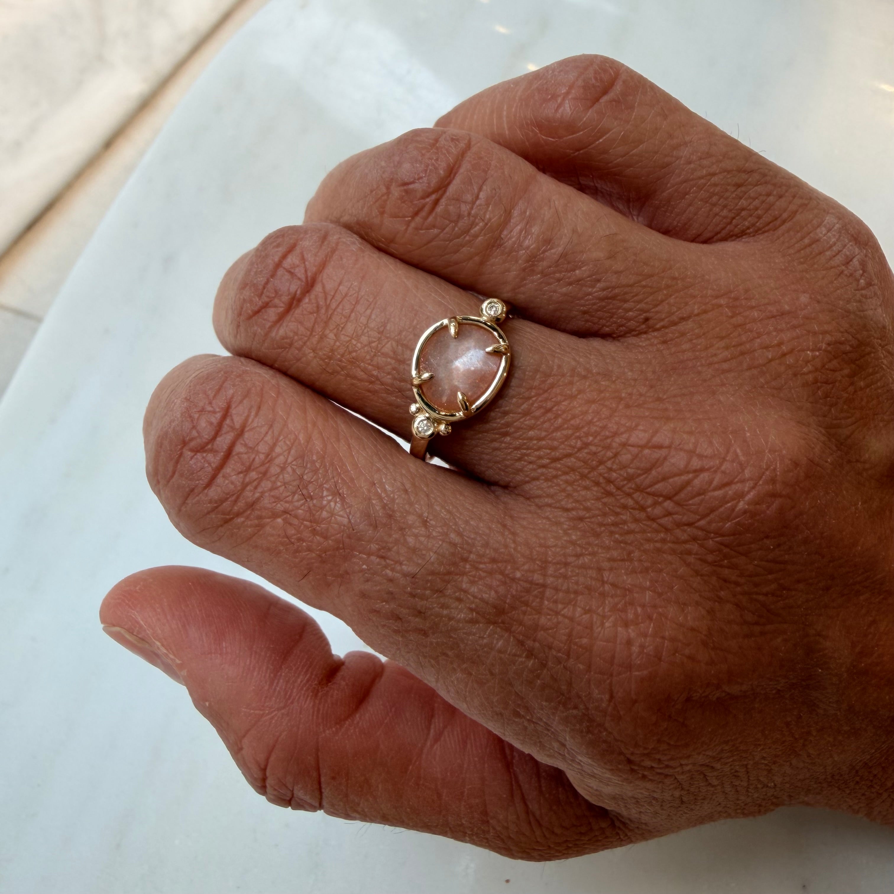 Soft Eclipse– 14K Gold Ring with Moonstone & Diamonds