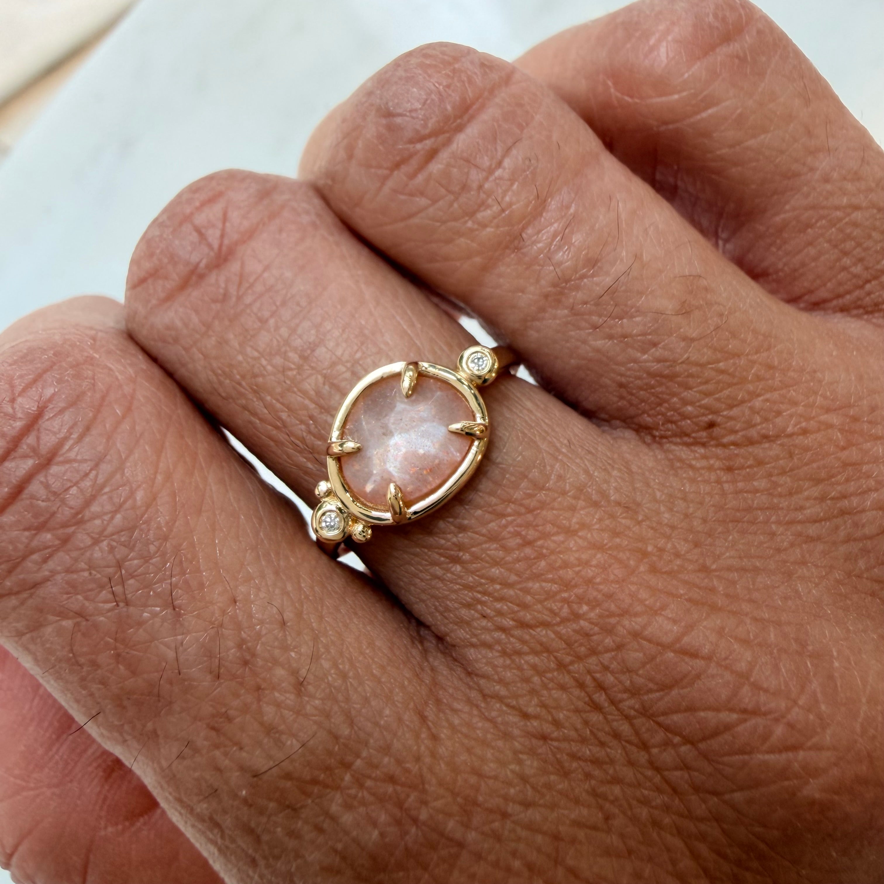 Soft Eclipse– 14K Gold Ring with Moonstone & Diamonds