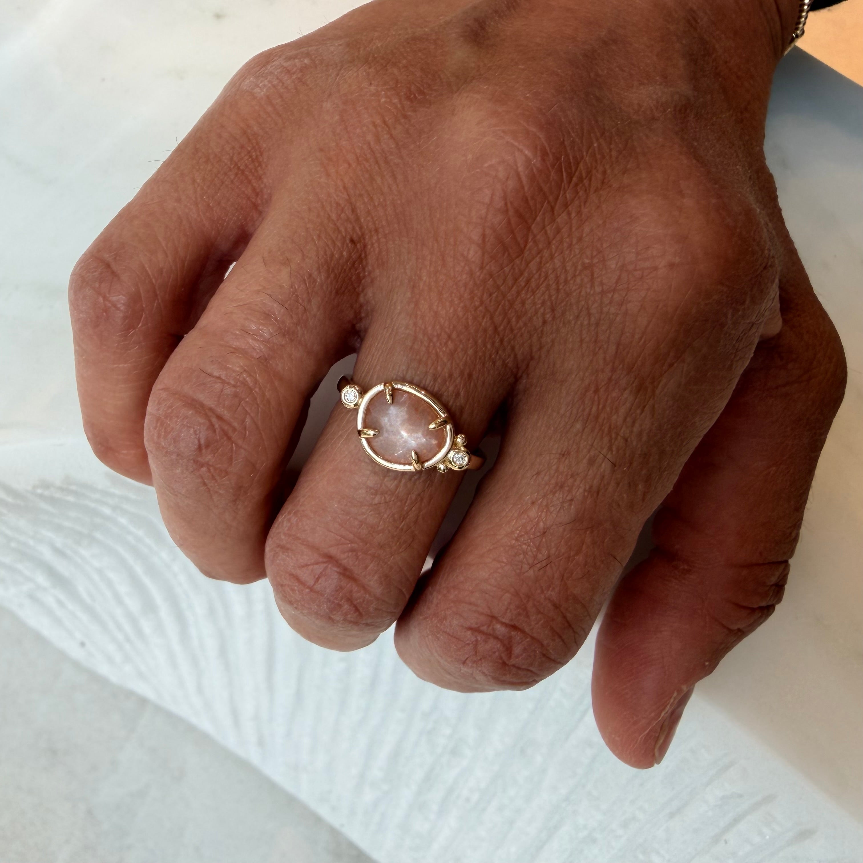 Soft Eclipse– 14K Gold Ring with Moonstone & Diamonds