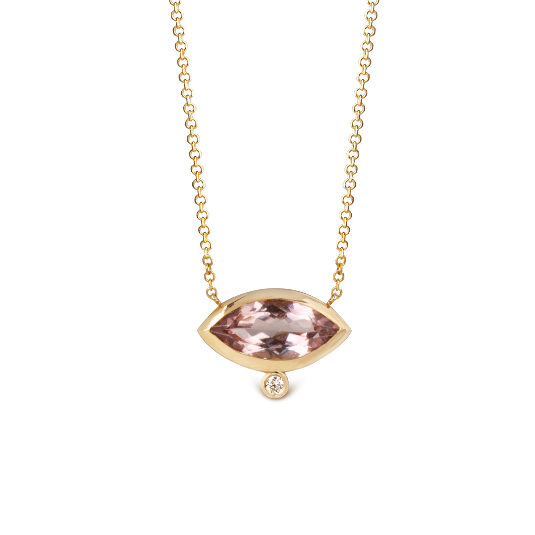 14K Gold Navette Shaped Pink Tourmaline and Diamond Necklace