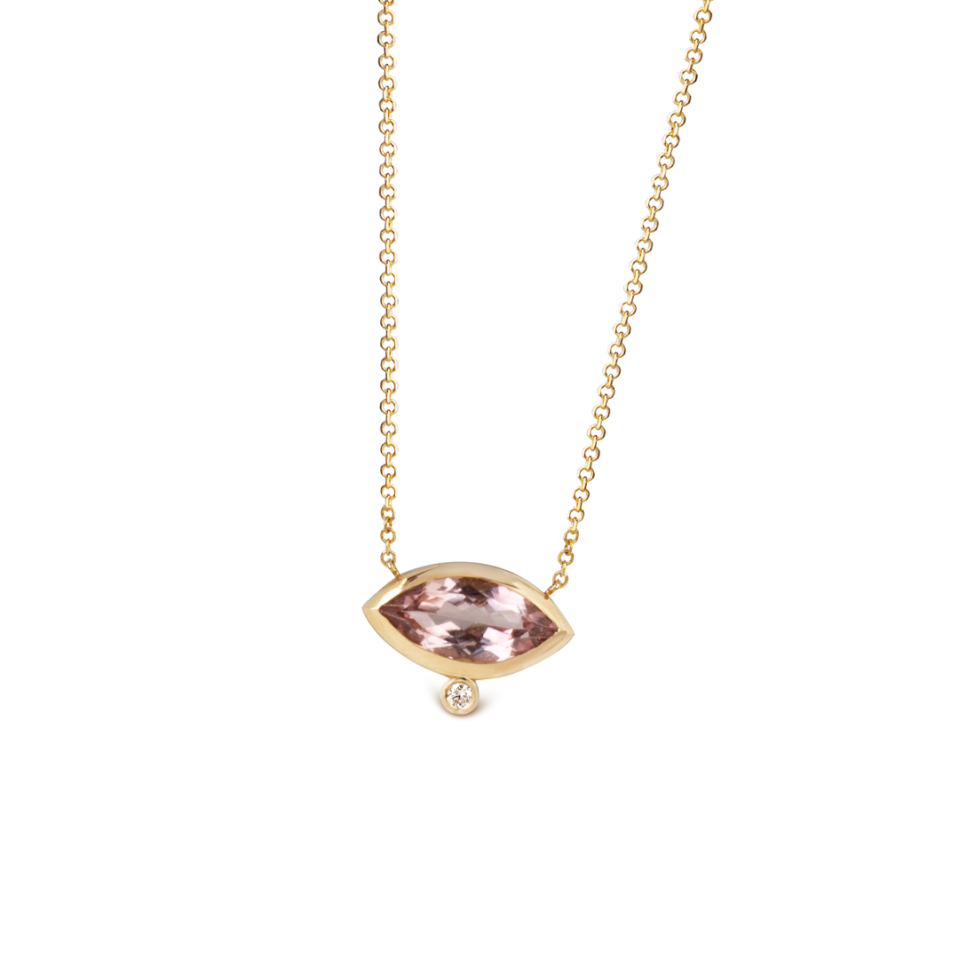 14K Gold Navette Shaped Pink Tourmaline and Diamond Necklace