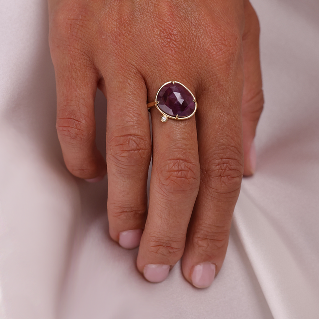14K Gold Irregular Rose cut Ruby Ring with a Diamond
