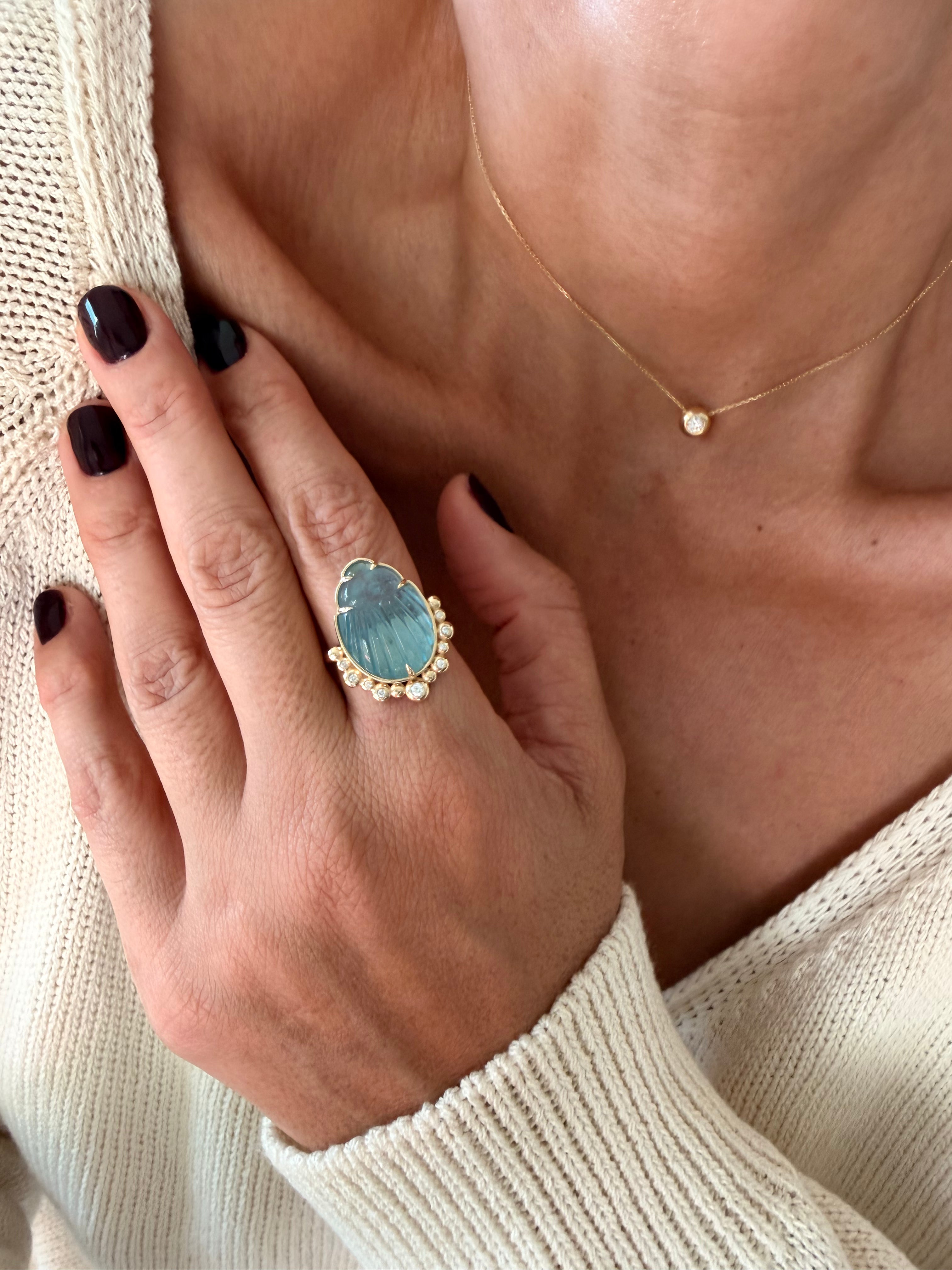 14K Gold Scarab Aquamarine Ring with Diamonds