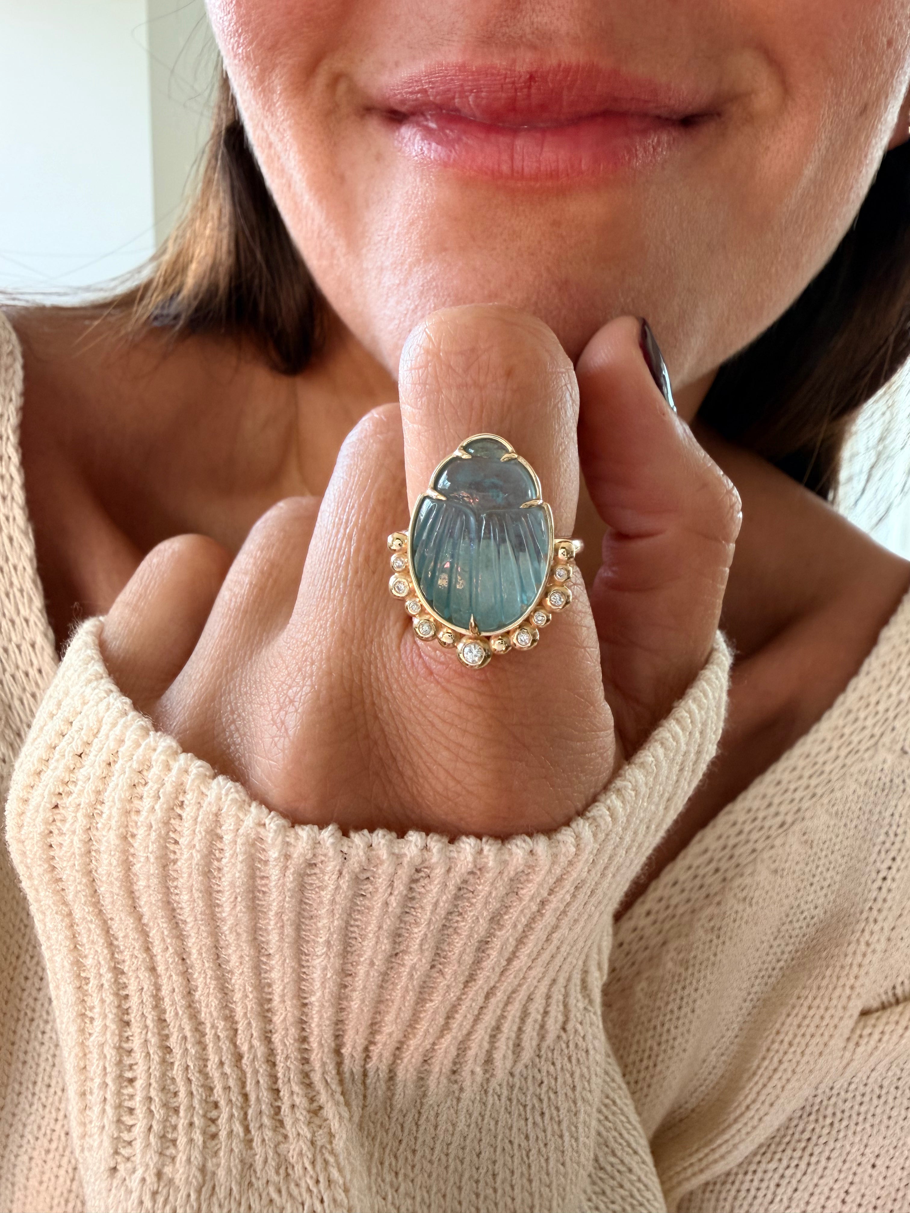 14K Gold Scarab Aquamarine Ring with Diamonds