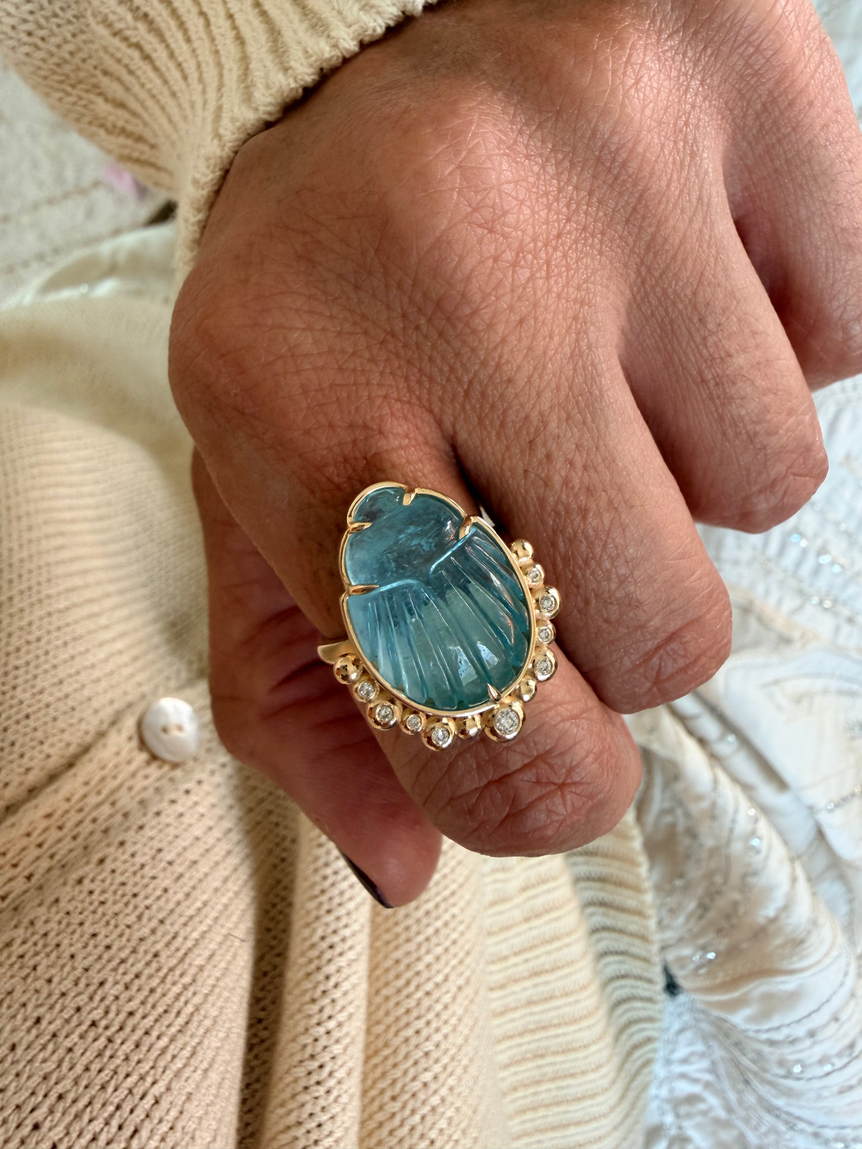 14K Gold Scarab Aquamarine Ring with Diamonds