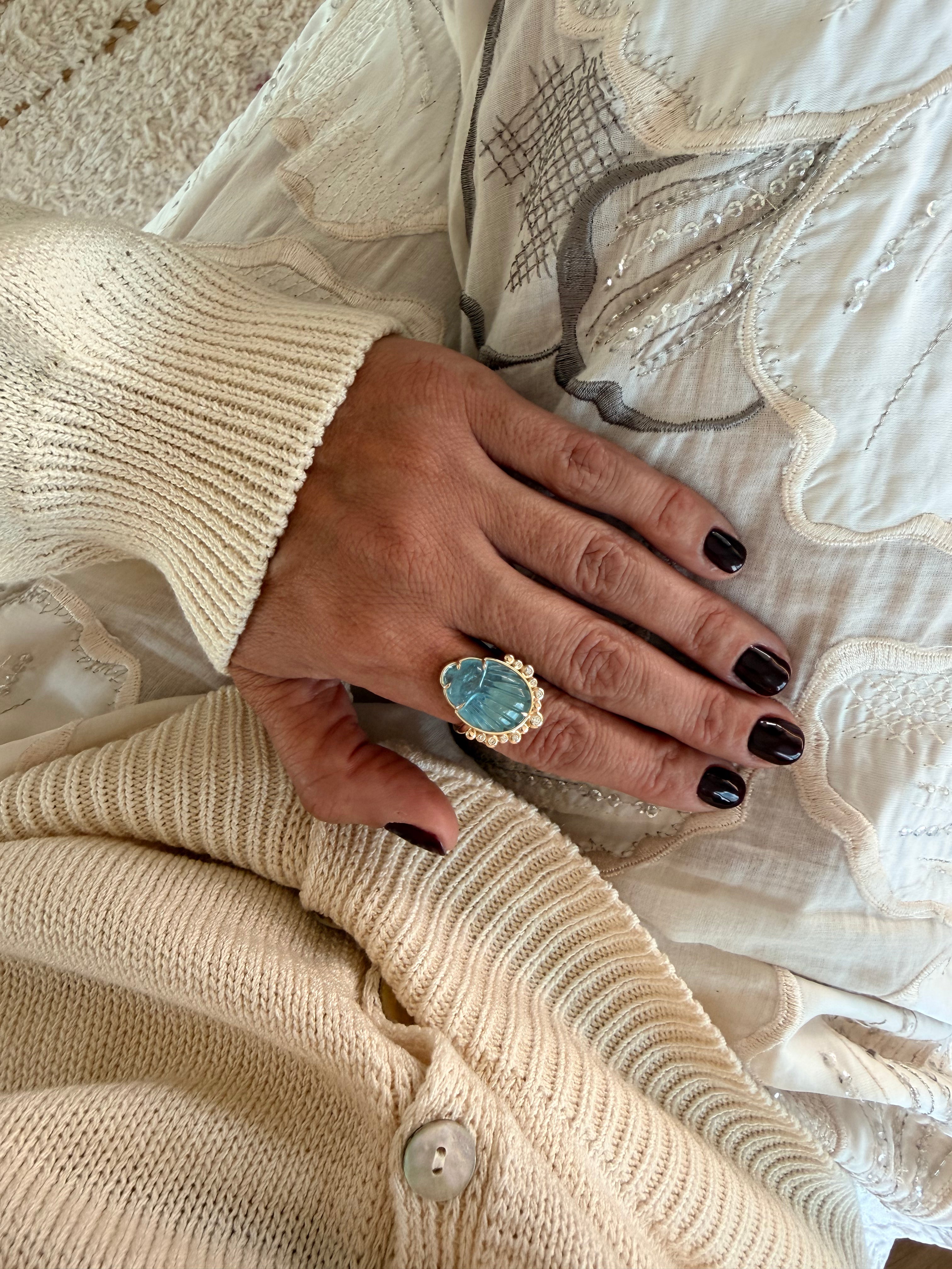14K Gold Scarab Aquamarine Ring with Diamonds