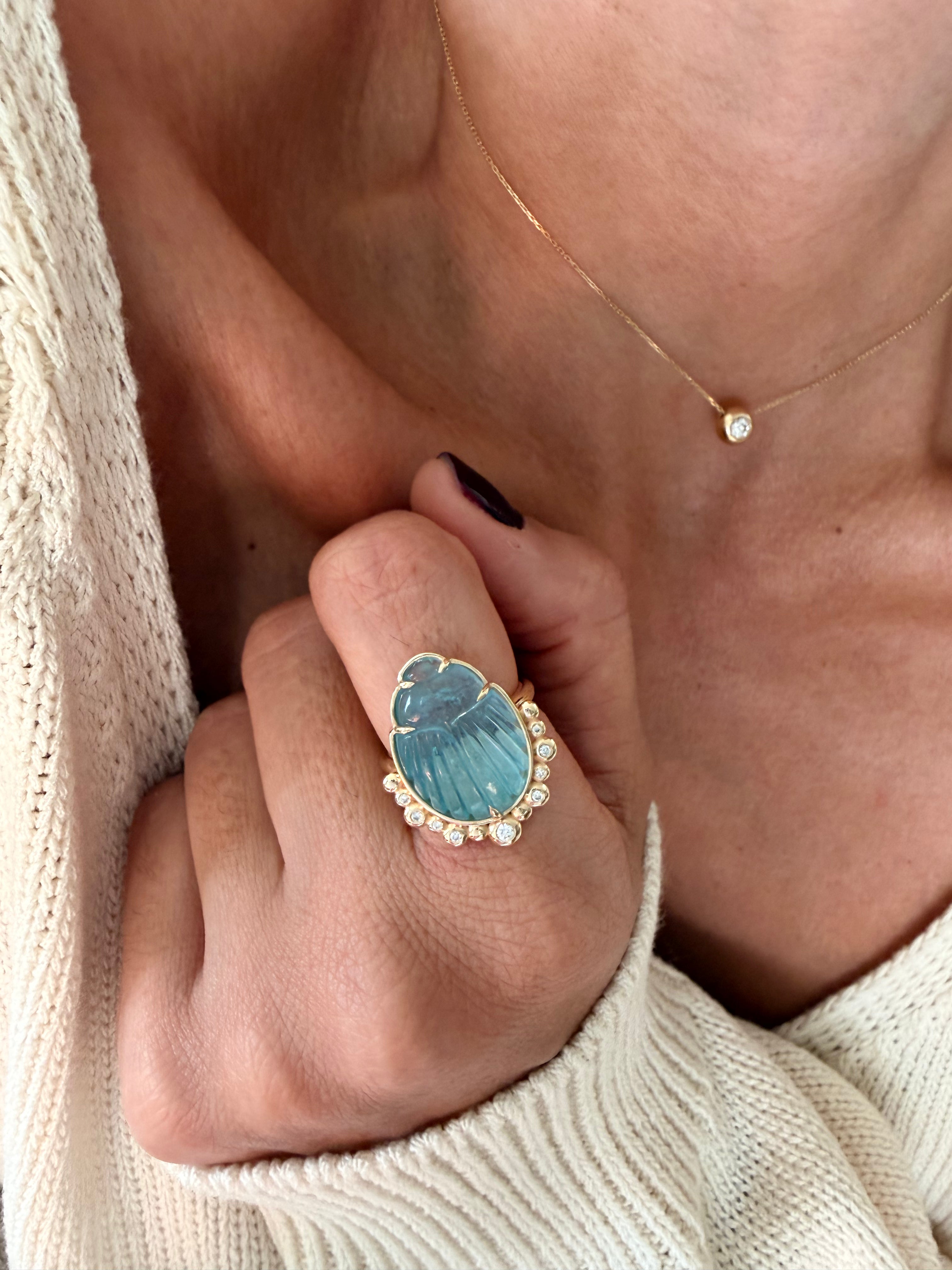 14K Gold Scarab Aquamarine Ring with Diamonds