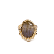 14K Gold Scarab Grey Moonstone Ring with Diamonds
