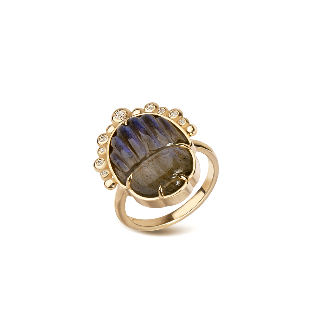 14K Gold Scarab Grey Moonstone Ring with Diamonds