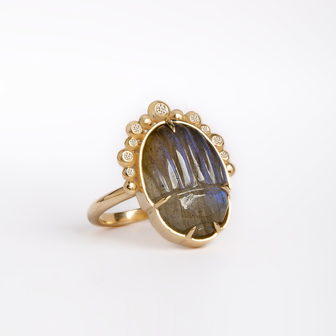 14K Gold Scarab Grey Moonstone Ring with Diamonds