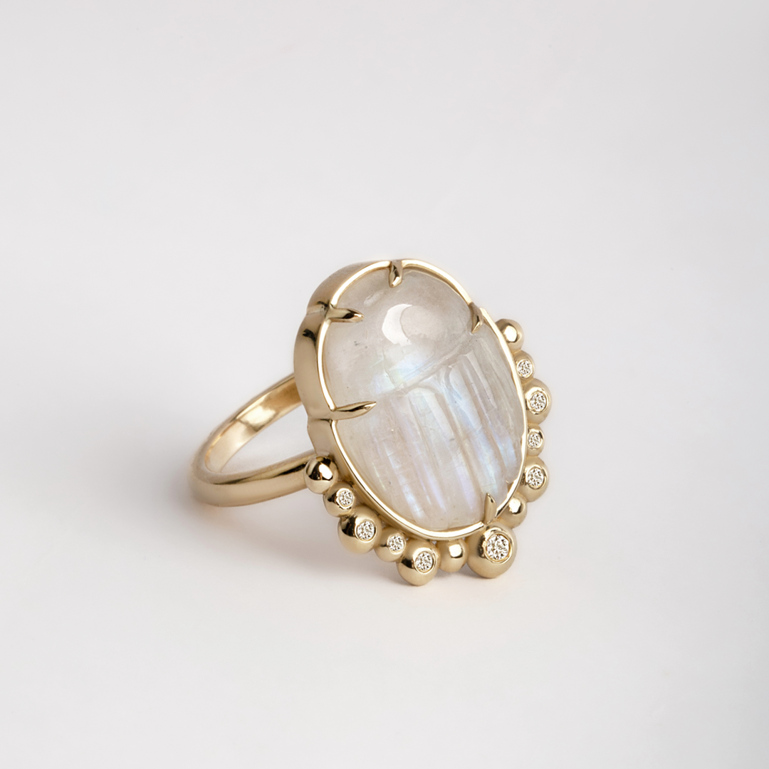14K Gold Scarab White Moonstone Ring with Diamonds