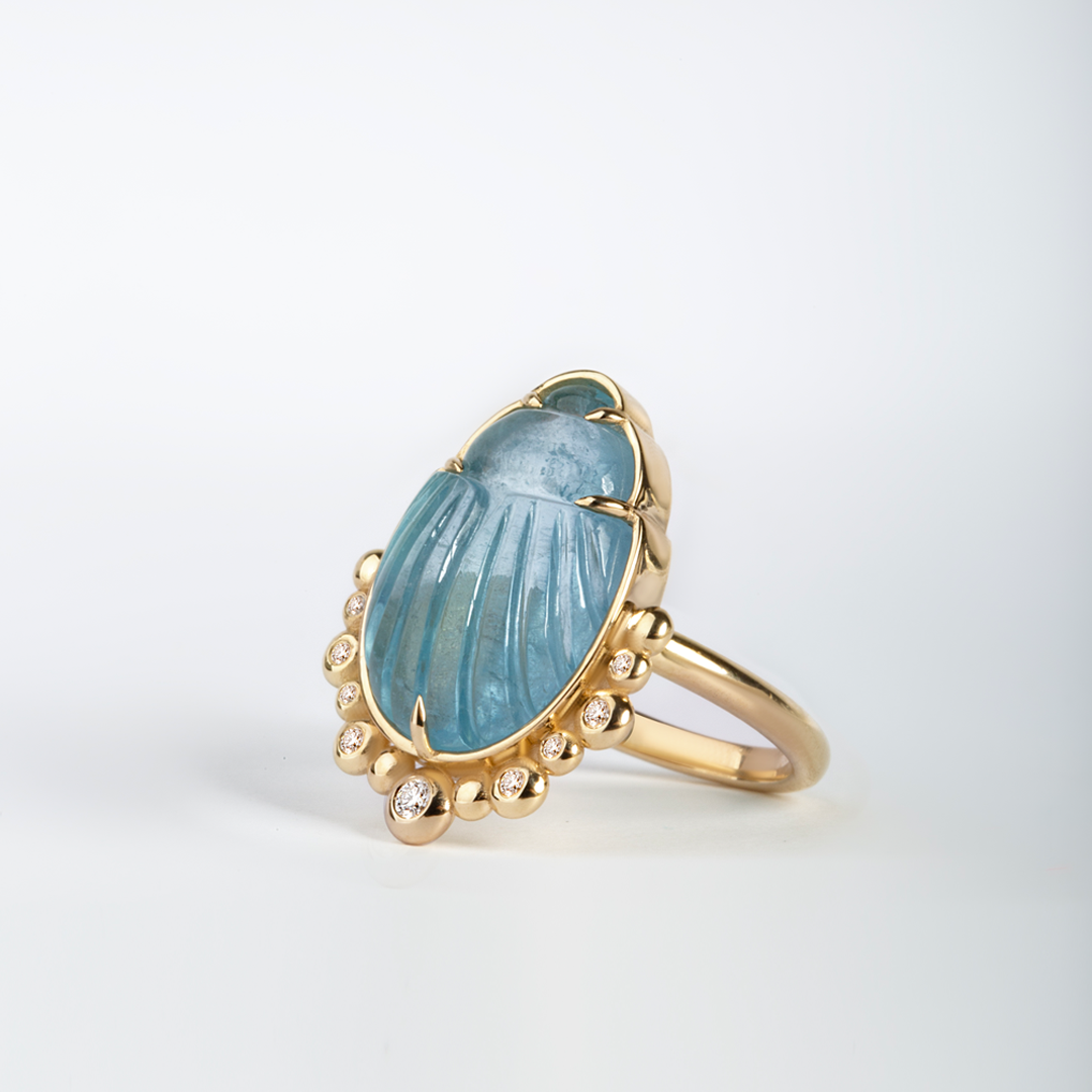 14K Gold Scarab Aquamarine Ring with Diamonds