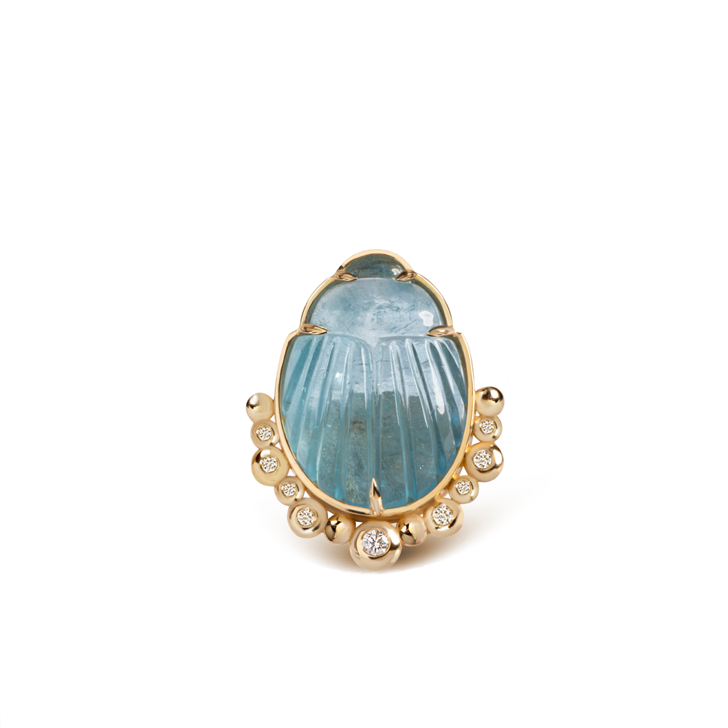 14K Gold Scarab Aquamarine Ring with Diamonds