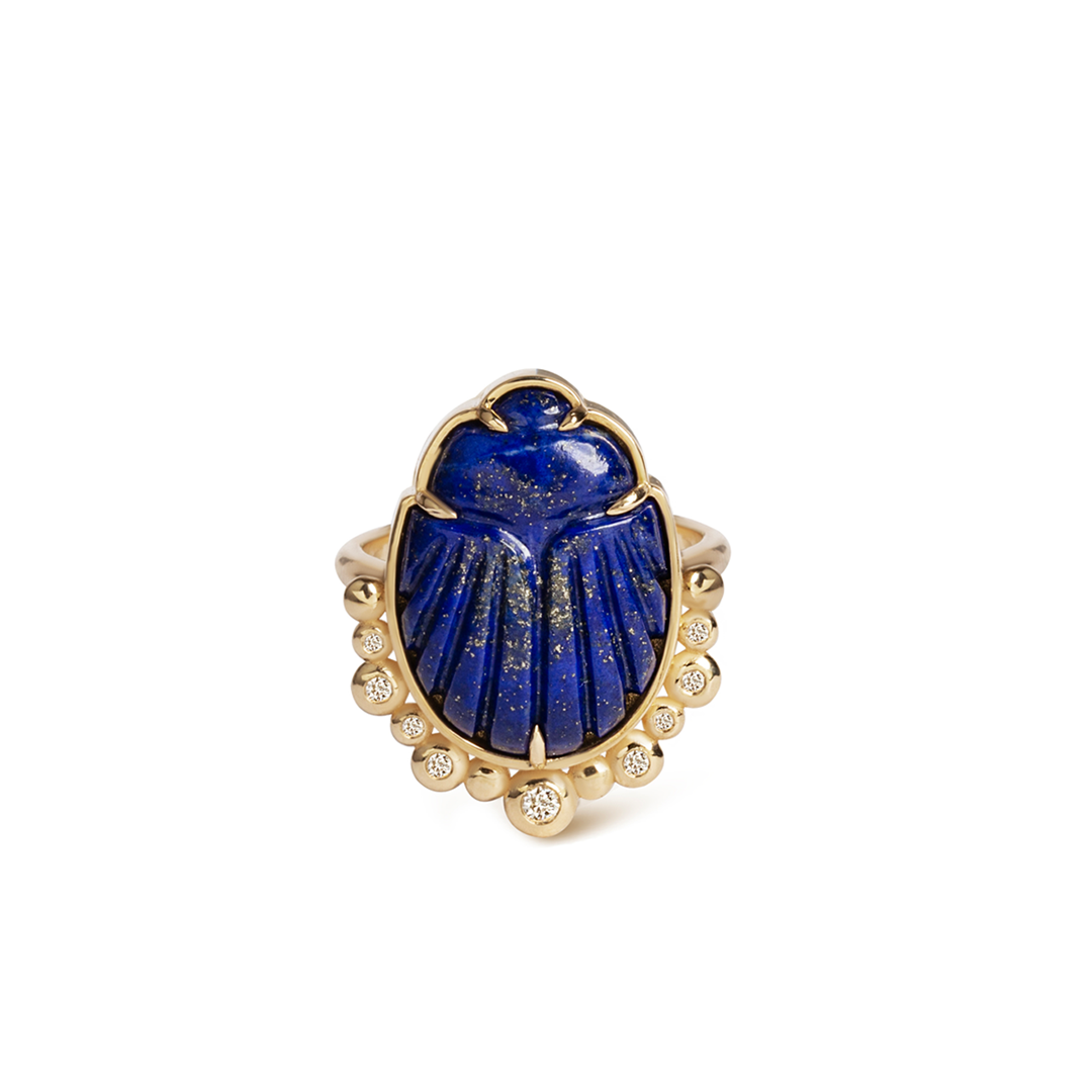14K Gold Scarab Lapis Lazuli Ring with Diamonds