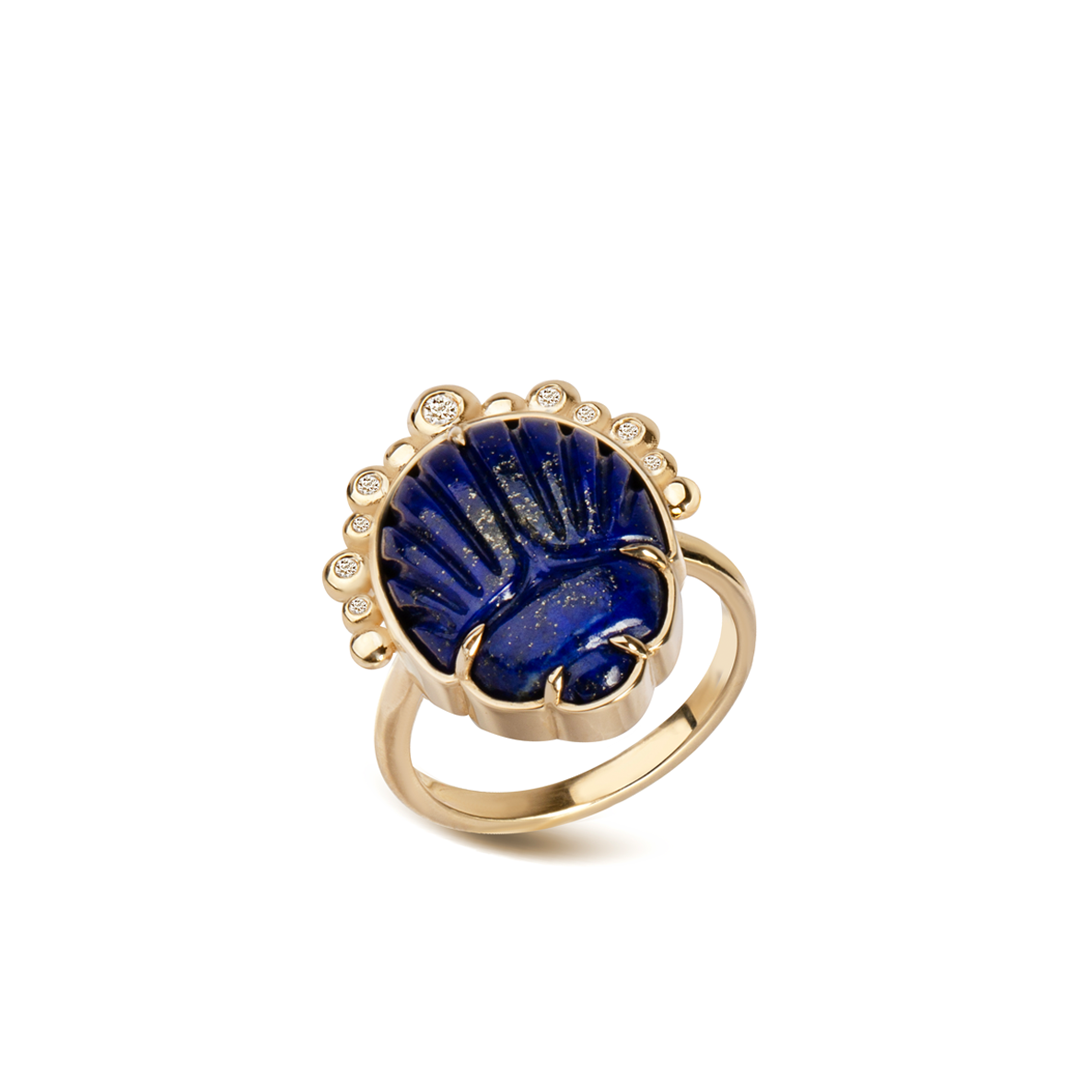 14K Gold Scarab Lapis Lazuli Ring with Diamonds
