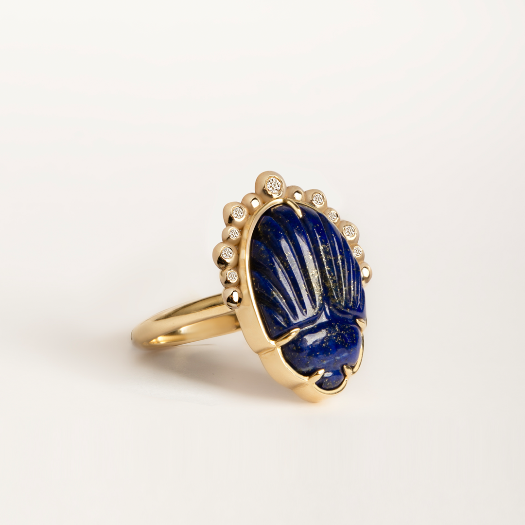 14K Gold Scarab Lapis Lazuli Ring with Diamonds