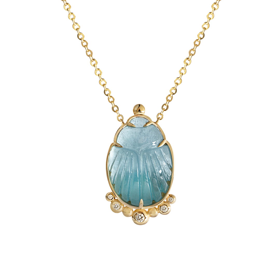 14K Gold Scarab Aquamarine Pendant Necklace with Diamonds