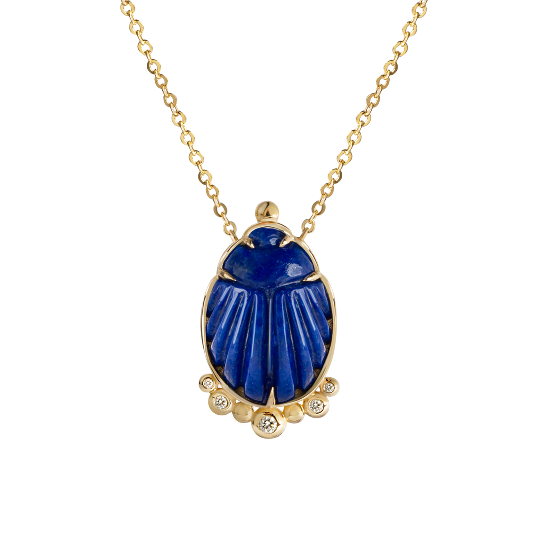 14K Gold Scarab Lapis Lazuli Pendant Necklace with Diamonds