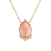 14K Gold Scarab Pink Opal Pendant Necklace with Diamonds