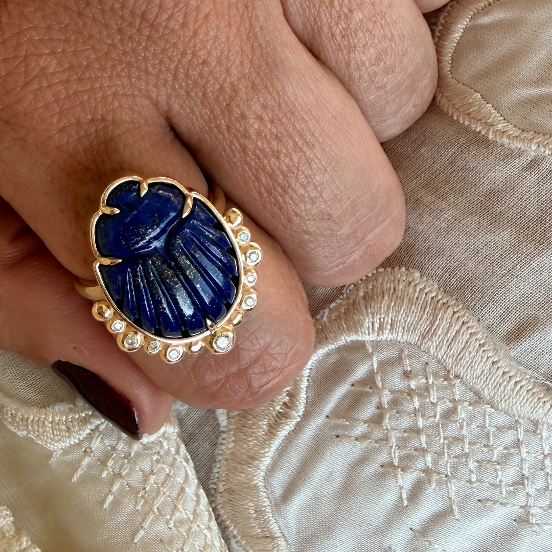 14K Gold Scarab Lapis Lazuli Ring with Diamonds