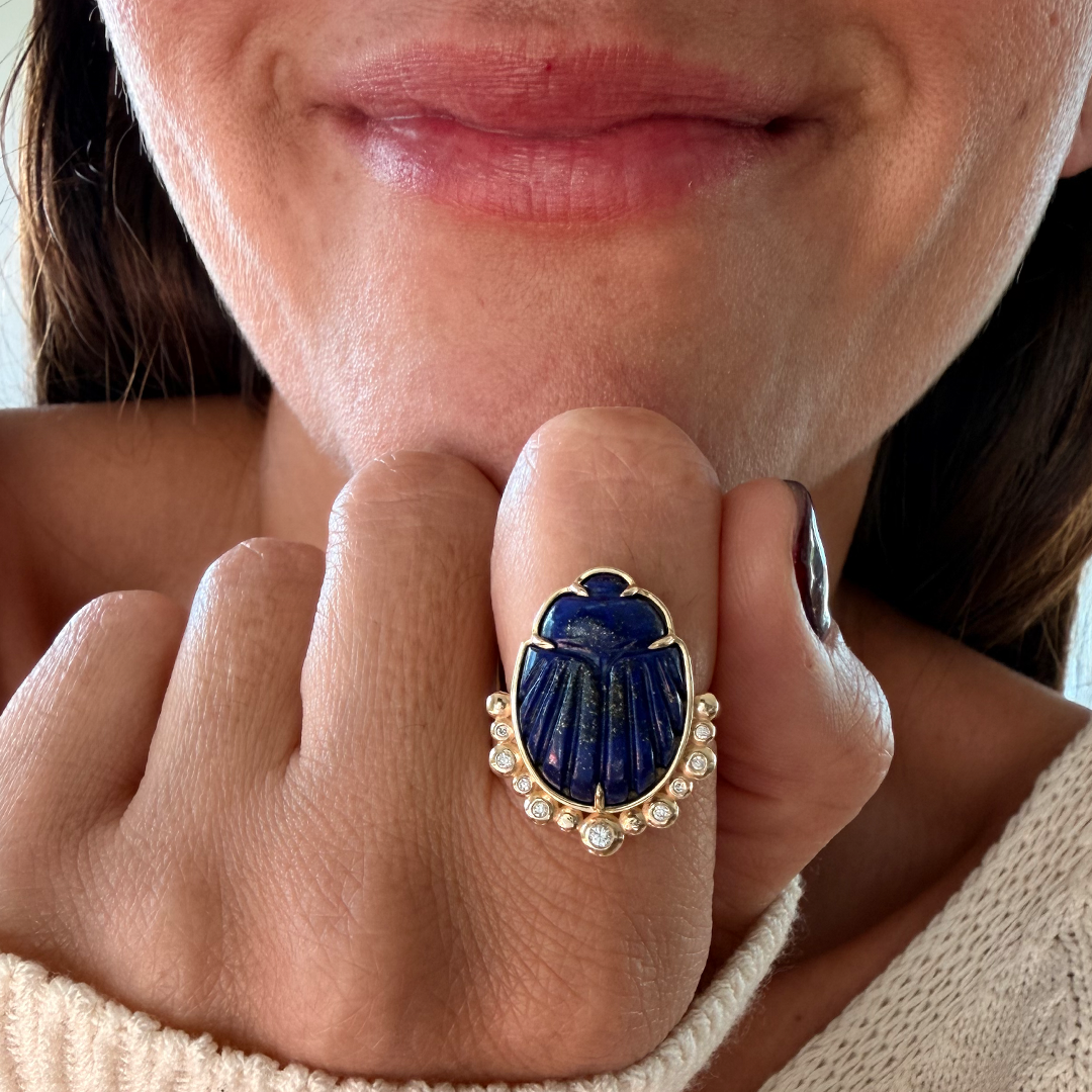 14K Gold Scarab Lapis Lazuli Ring with Diamonds
