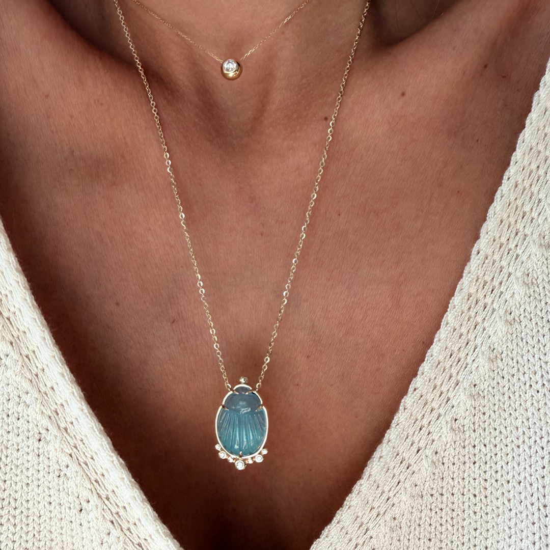 14K Gold Scarab Aquamarine Pendant Necklace with Diamonds