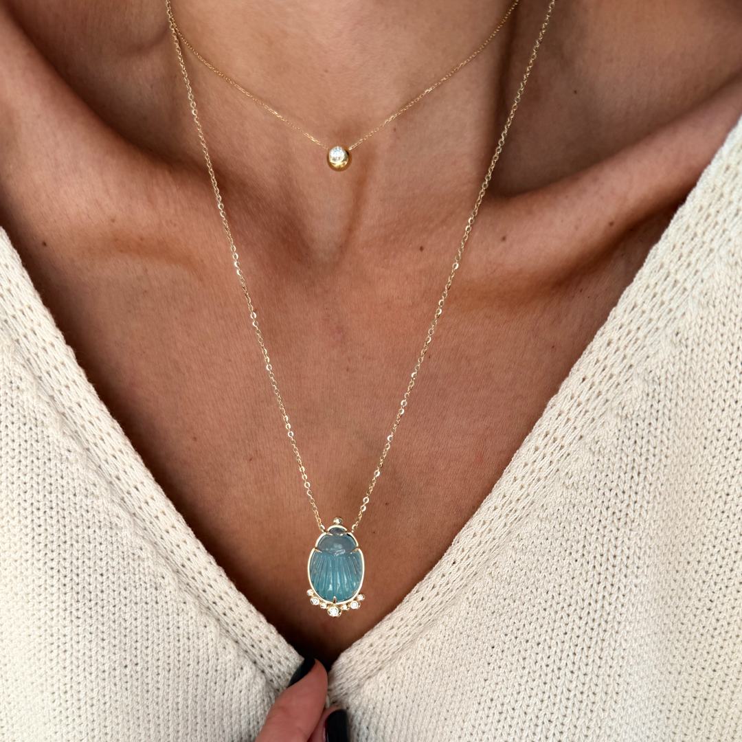 14K Gold Scarab Aquamarine Pendant Necklace with Diamonds