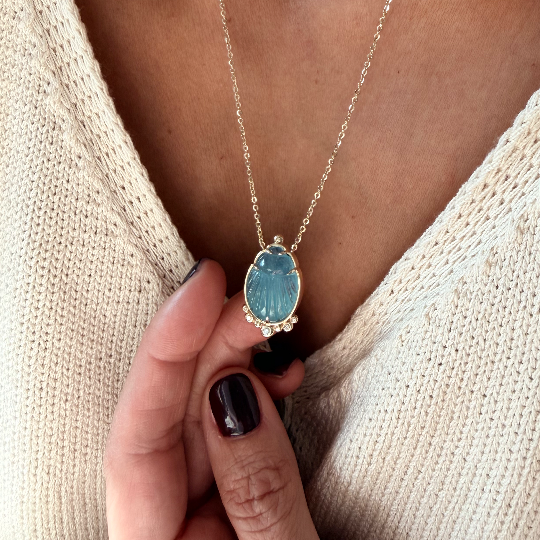 14K Gold Scarab Aquamarine Pendant Necklace with Diamonds
