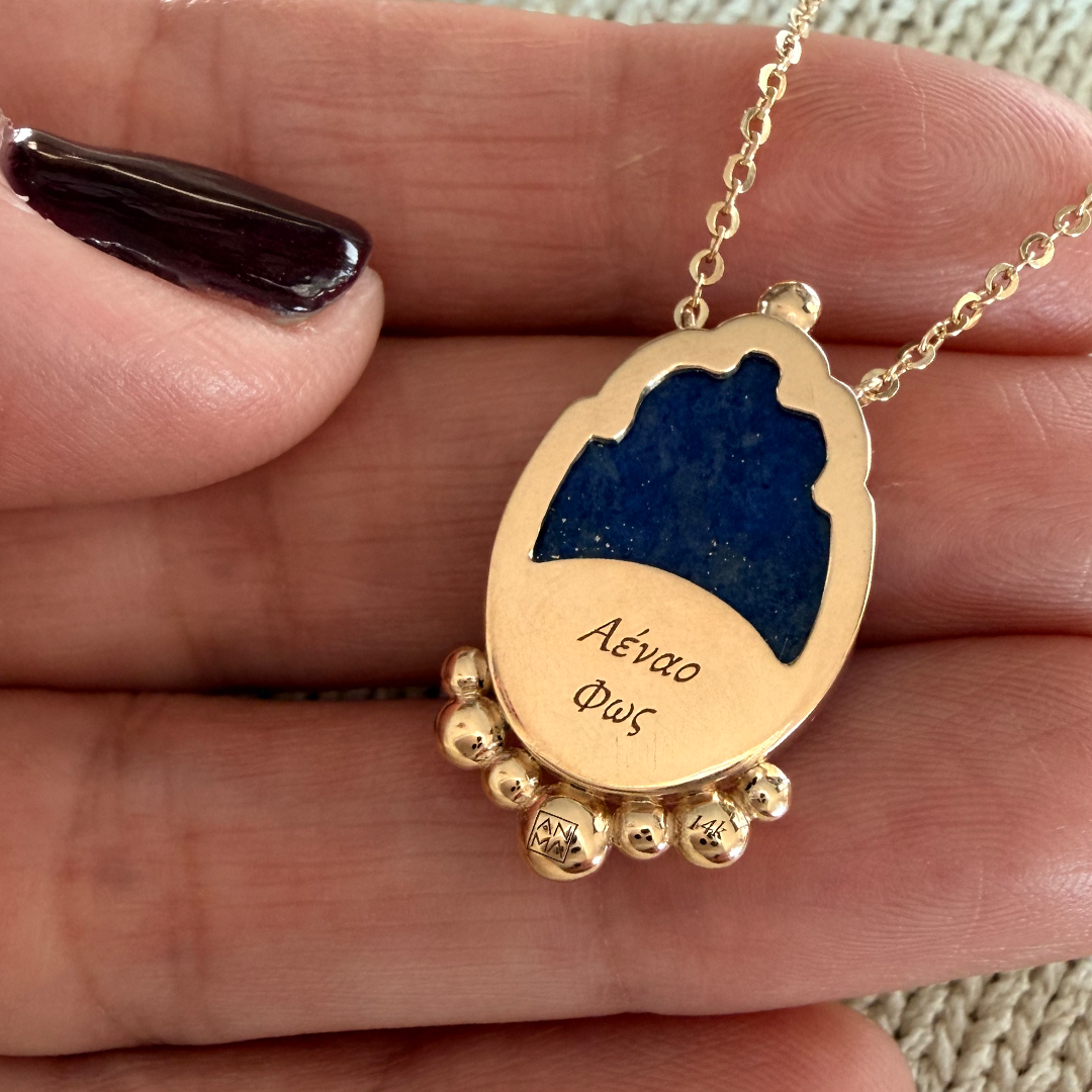 14K Gold Scarab Lapis Lazuli Pendant Necklace with Diamonds