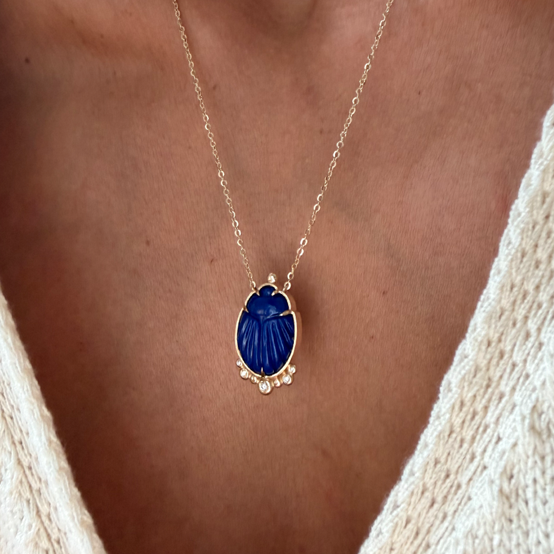 14K Gold Scarab Lapis Lazuli Pendant Necklace with Diamonds