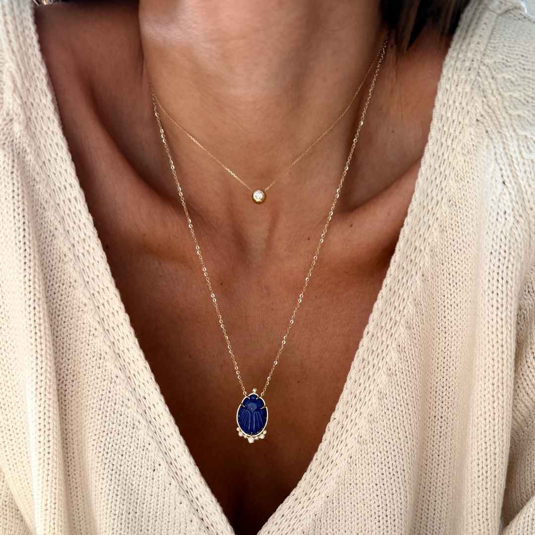 14K Gold Scarab Lapis Lazuli Pendant Necklace with Diamonds