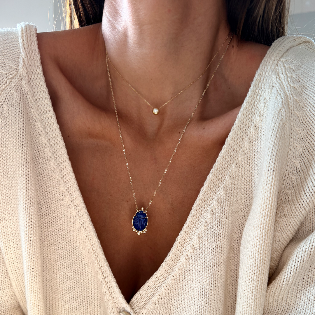14K Gold Scarab Lapis Lazuli Pendant Necklace with Diamonds