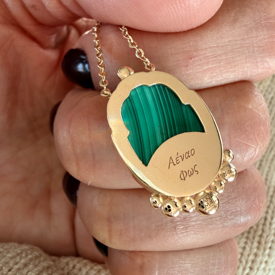 14K Gold Scarab Malachite Pendant Necklace with Diamonds