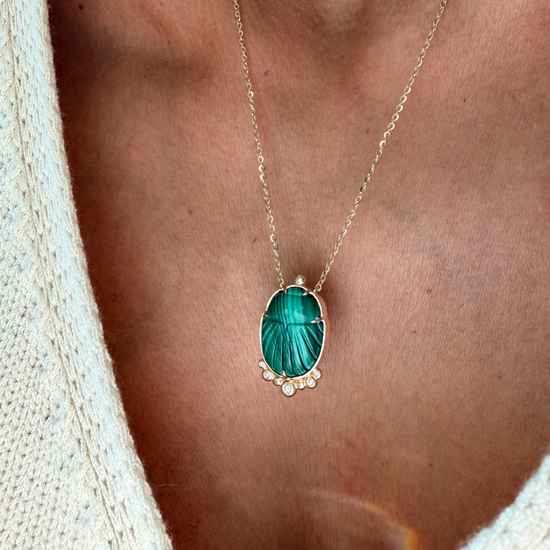 14K Gold Scarab Malachite Pendant Necklace with Diamonds