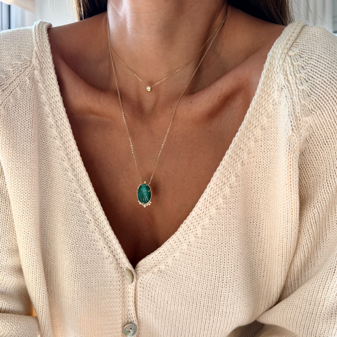 14K Gold Scarab Malachite Pendant Necklace with Diamonds