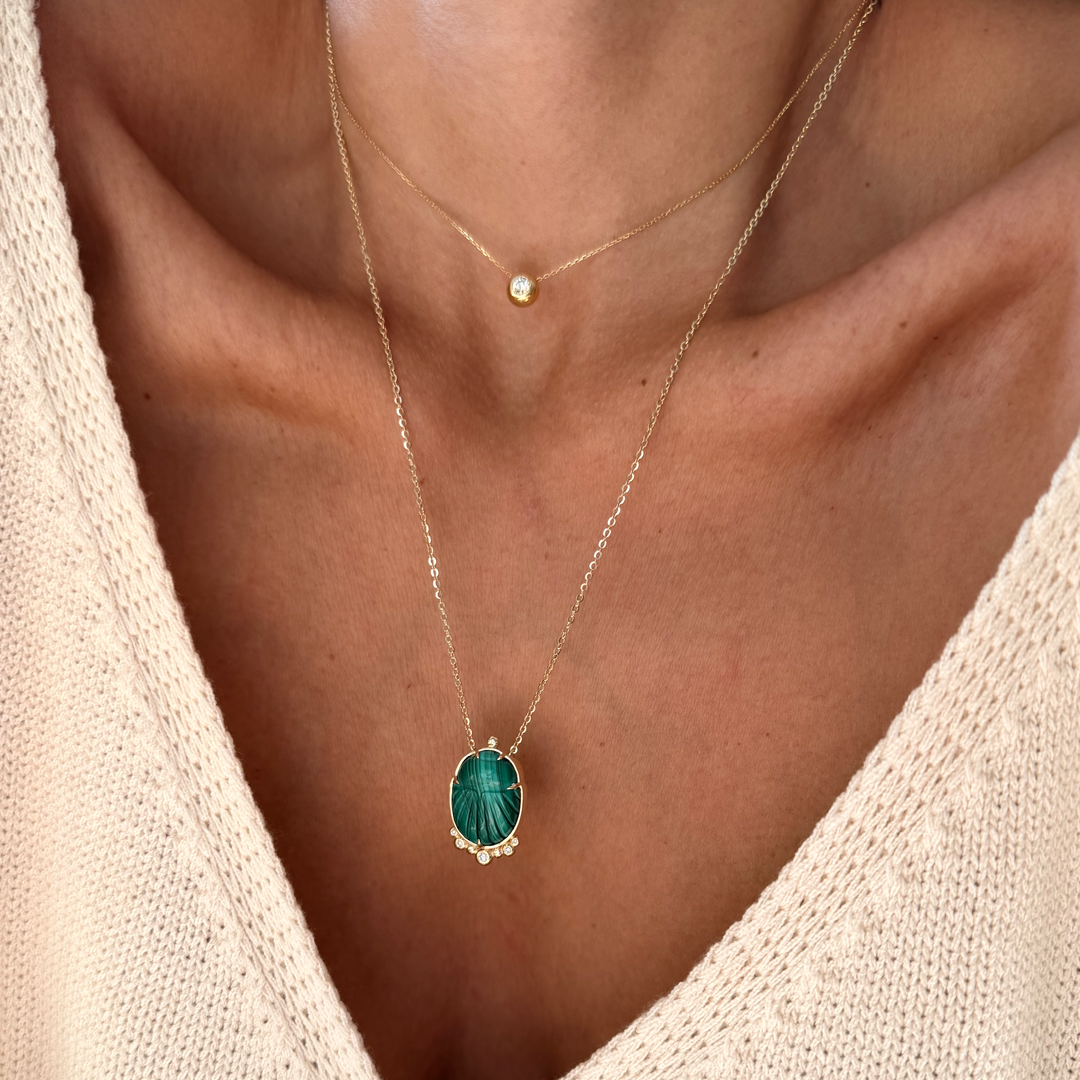 14K Gold Scarab Malachite Pendant Necklace with Diamonds