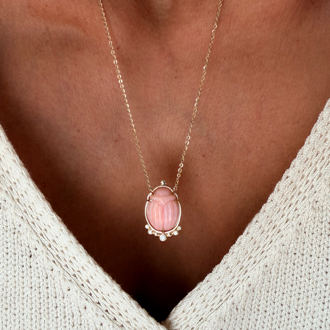 14K Gold Scarab Pink Opal Pendant Necklace with Diamonds