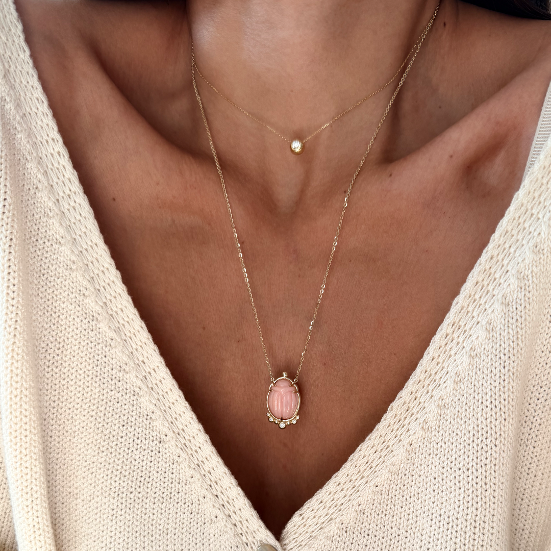 14K Gold Scarab Pink Opal Pendant Necklace with Diamonds