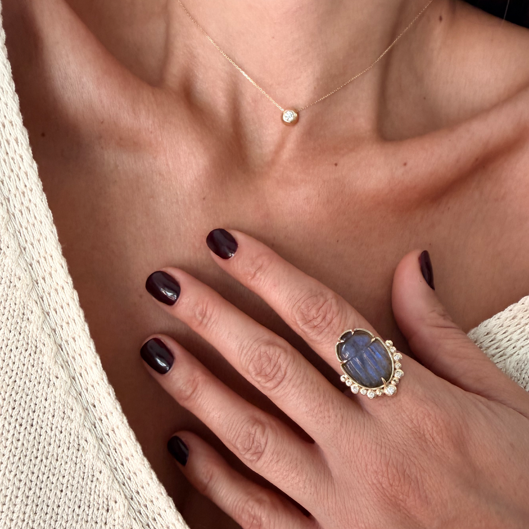 14K Gold Scarab Grey Moonstone Ring with Diamonds